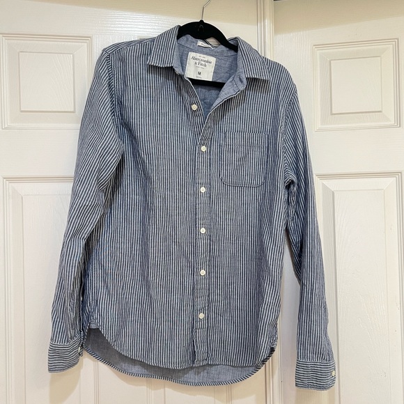 Abercrombie & Fitch Muscle Men’s M Blue Striped Cotton Button Long Sleeve Shirt - Picture 1 of 11